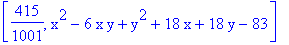 [415/1001, x^2-6*x*y+y^2+18*x+18*y-83]